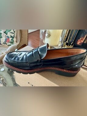 Coach Black Leather Penny Loafers with Brown Welt Stitching